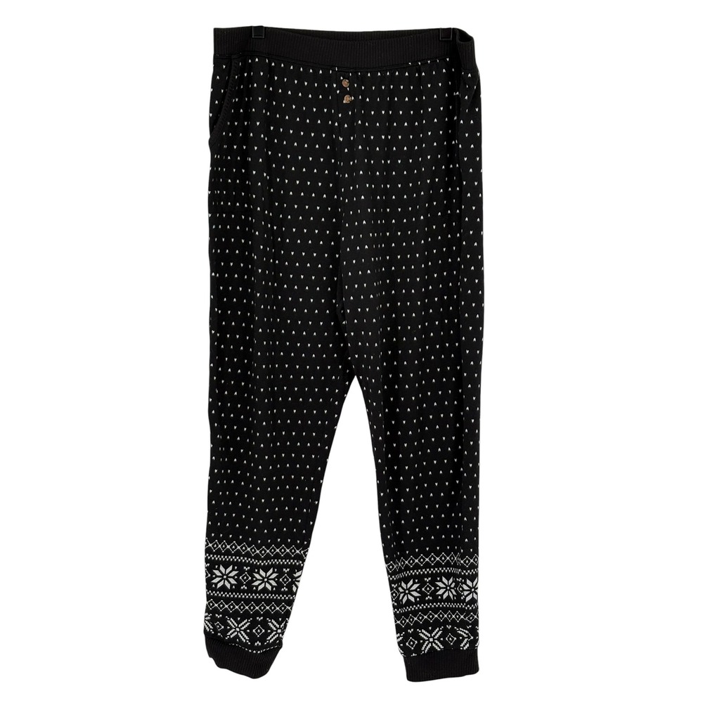 Cuddl Duds Jogger Pants Black Fair Isle Heart Print Knit Large
